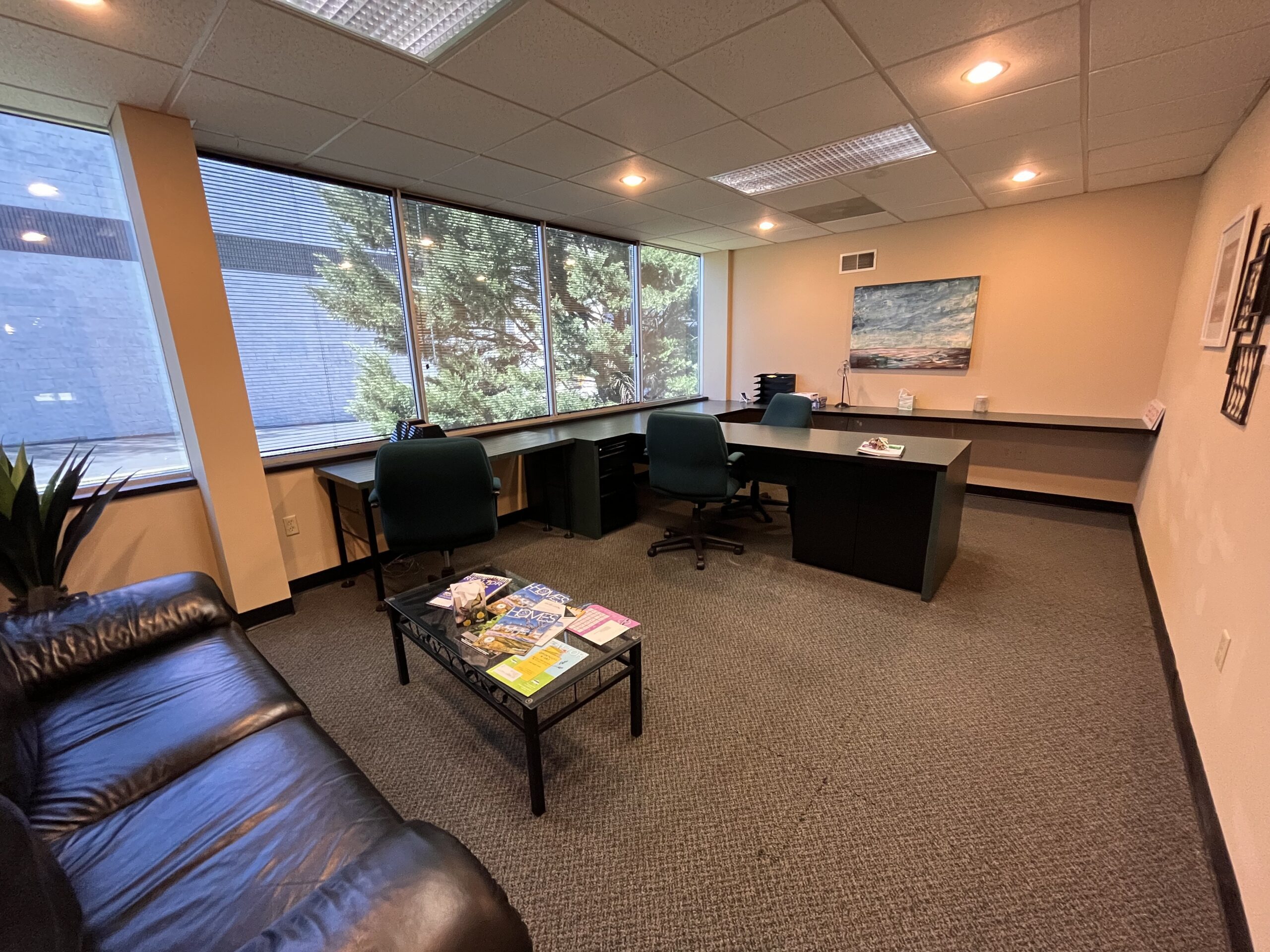Executive office with a desk, leather sofa, and window wall at Regency Executive Offices
