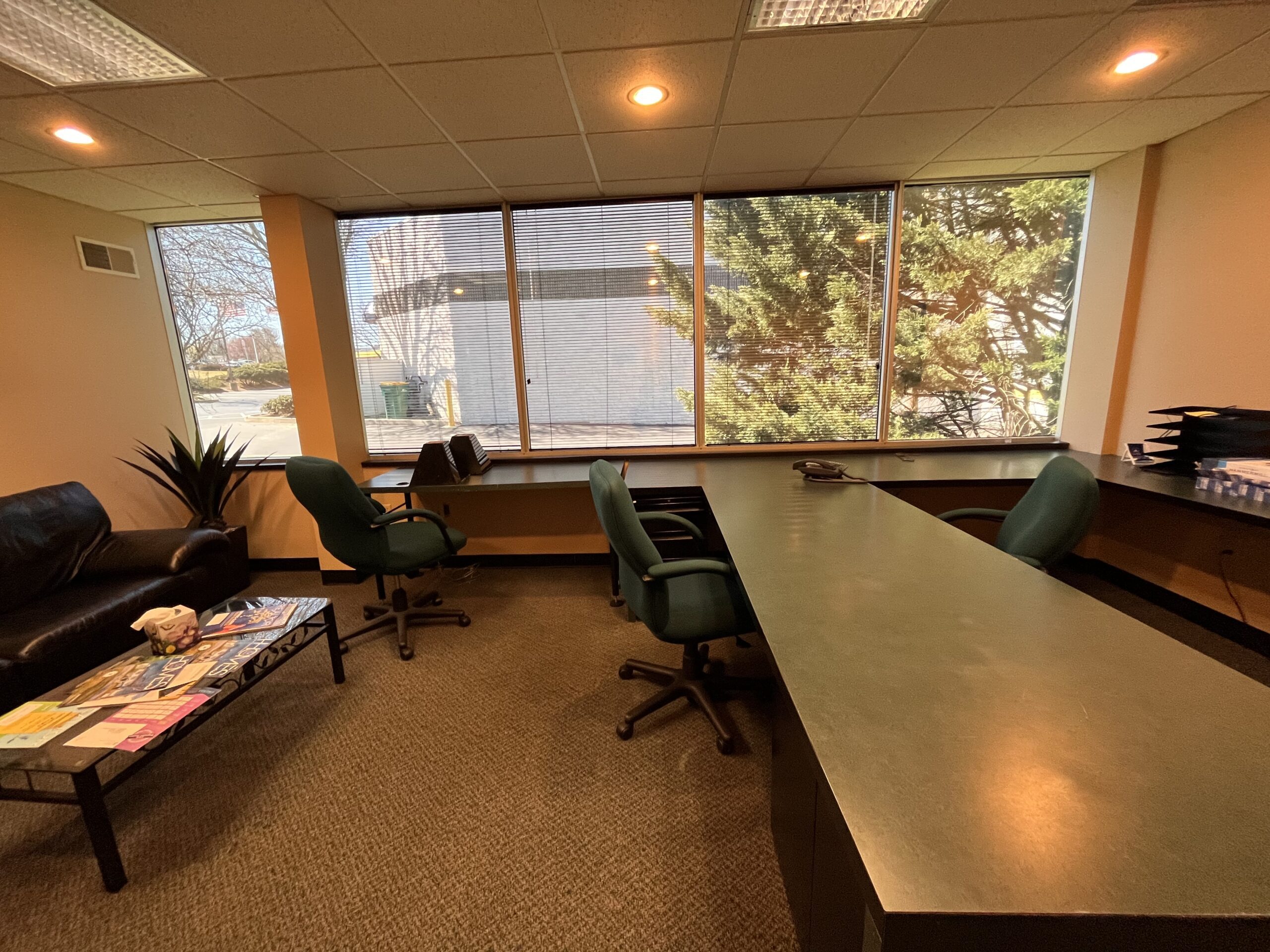 Large office with a long desk, leather sofa, and windows at Regency Executive Offices