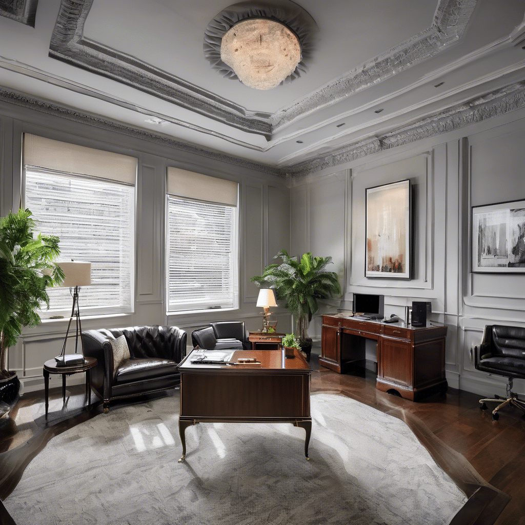 Office space with a white carpet